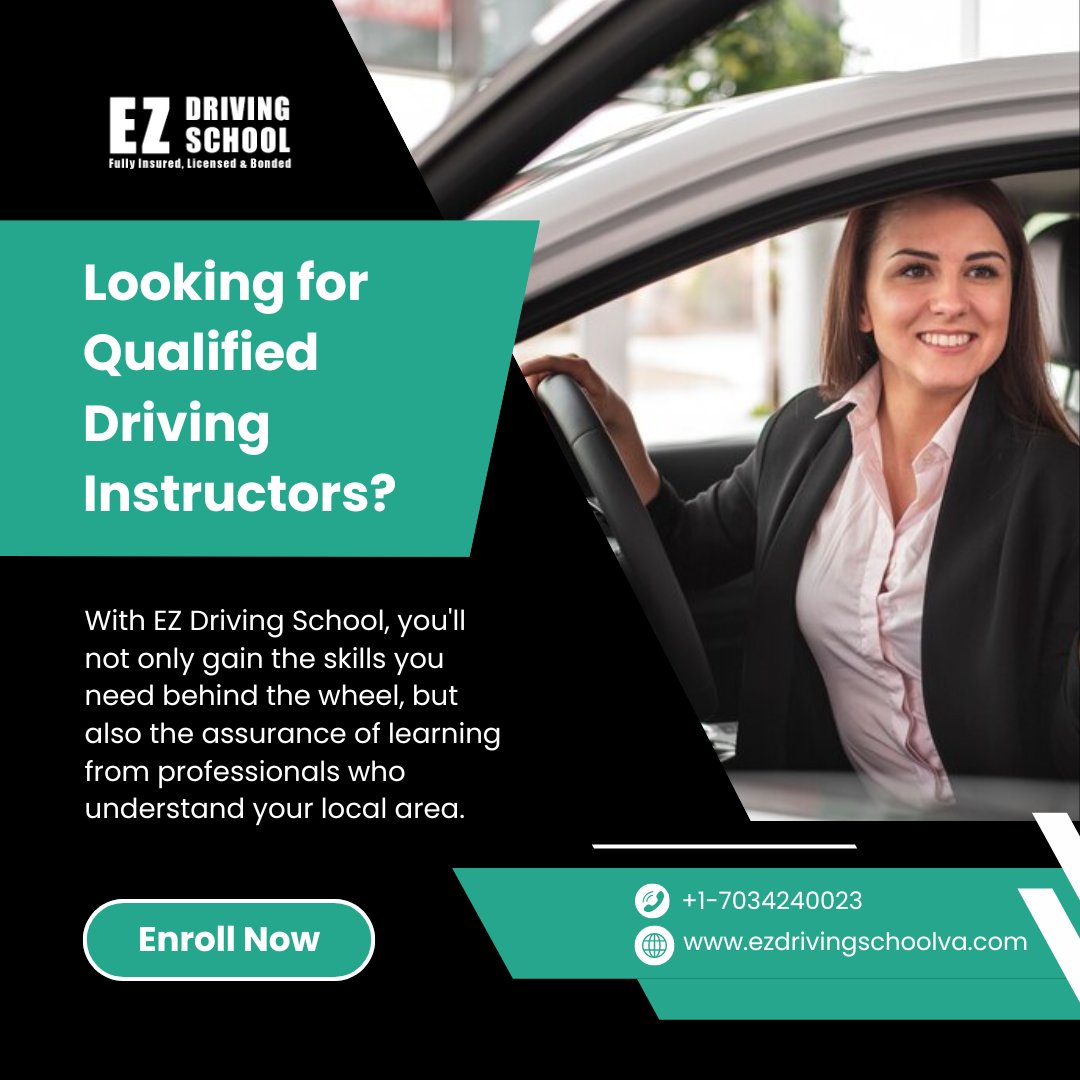 Need a reliable driving instructor? At EZ Driving School, we're here to equip you with the driving skills you need while ensuring you learn from seasoned professionals who know your neighborhood inside out. Enroll Now!

#bestdrivingschool #drivinginstructor #ezdrivingschoolva