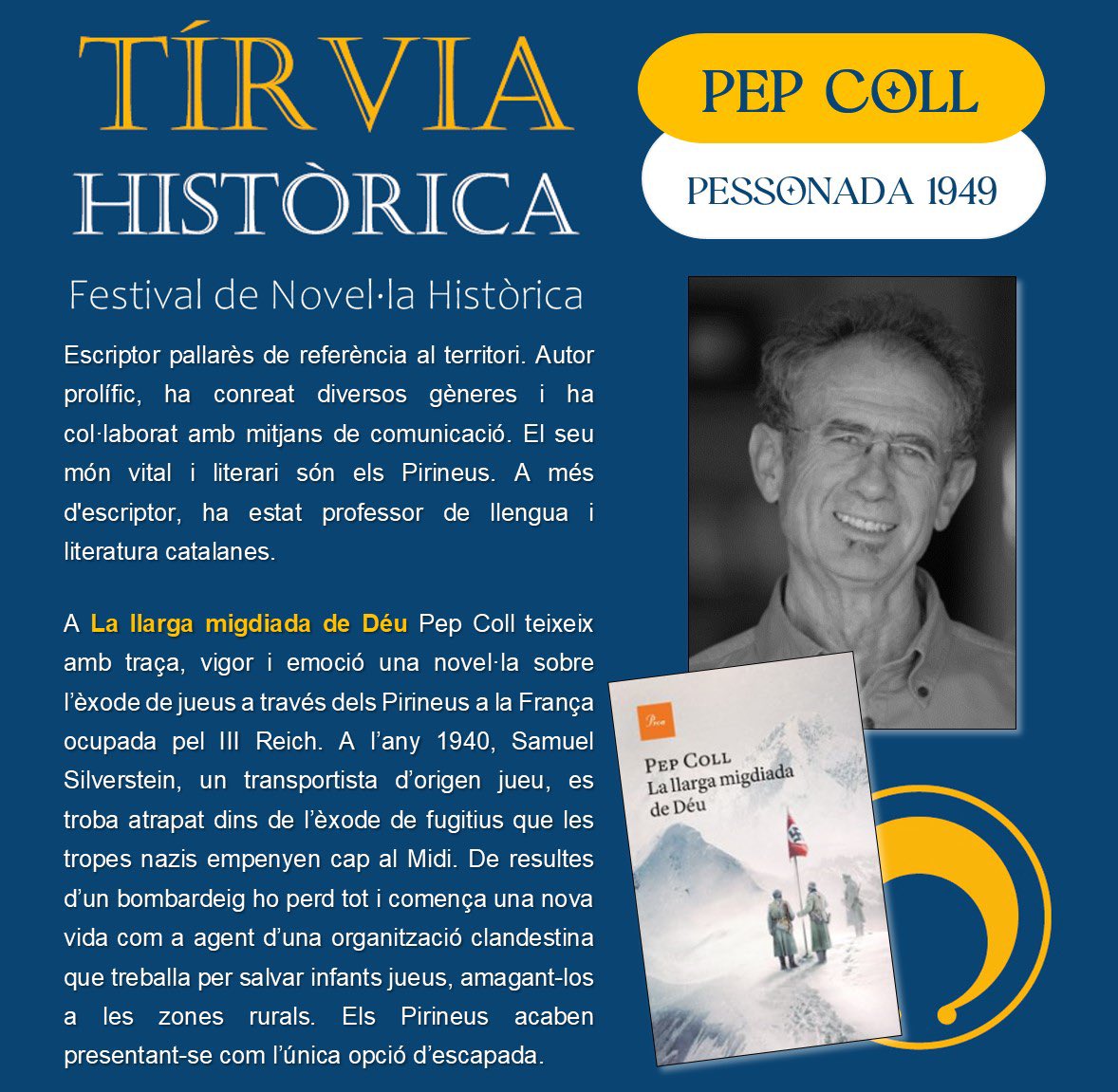 ℹ️ PEP COLL ✍️ Escriptor pallarès de referència al territori. Autor prolífic, ha conreat diversos gèneres i ha col·laborat amb mitjans de comunicació. El seu món vital i literari són els Pirineus 🏔️. A més d'escriptor, ha estat professor de llengua i literatura catalanes. 💞