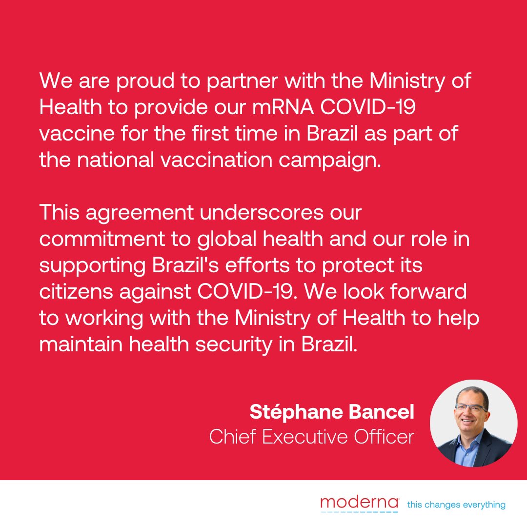 We announced today a contract with the Ministry of Health in Brazil (@minsaude) to supply our mRNA COVID-19 vaccine as an integral part of Brazil's 2024 national vaccination campaign against COVID-19. Under the contract, 12.5 million doses of our mRNA COVID-19 vaccine are