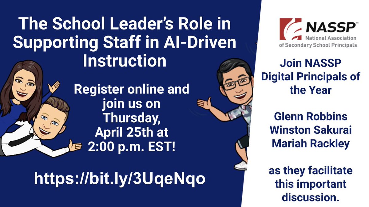 Honored to facilitate this webinar for @NASSP with my amazingly talented friends @GlennGRobbins & @winstonsakurai! It’s a privilege to share a space with them on Thursday! Use the link bit.ly/3UqeNqo to register & learn about our role as leaders in effective use of AI!