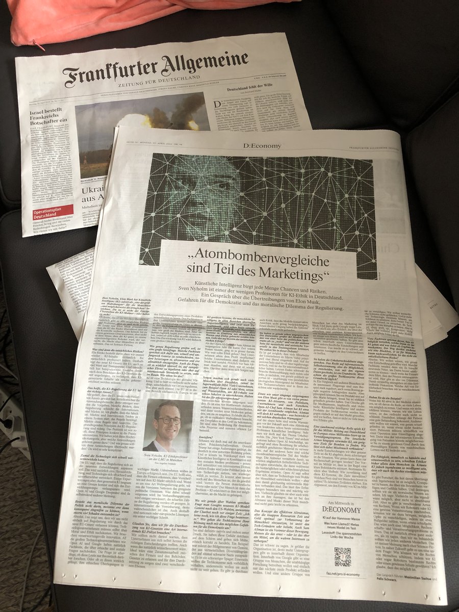 'Atombombenvergleiche sind Teil des Marketings' - I recently discussed AI & ethics with @MaxosTaxos & @FelixSchwarzFAZ. Our discussion, which I very much enjoyed, is featured in today's issue of FAZ (@faznet). #aiethics #philosophy #AI @LMU_Muenchen @MunichCenterML