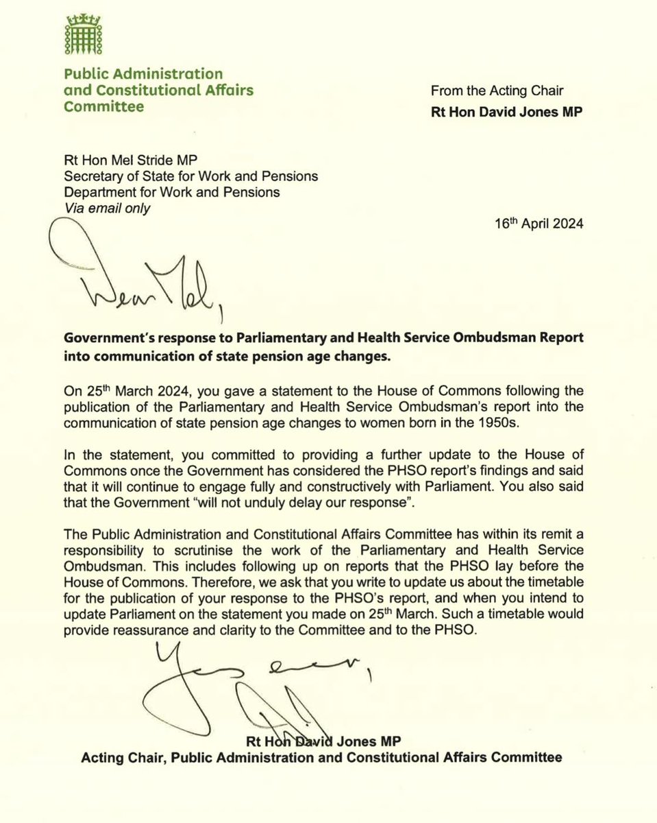 WASPI: The Government watchdog, PACAC, has written to Secretary of State for Work & Pensions, Mel Stride, to ask for an update on Government's response to PHSOmbudsman's report into communication of state pension age changes to women born in 1950s. Let’s hope for a prompt reply.