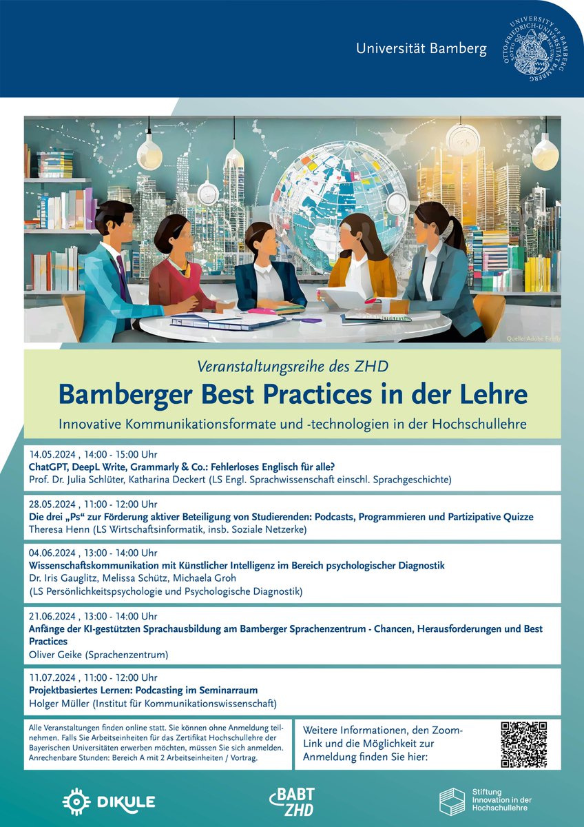 Unsere Online-Vortragsreihe 'Bamberger Best Practices in der Lehre' @uni_bamberg_of wird auch in diesem Semester fortgeführt. Schwerpunkt sind innovative Kommunikationsformate und -technologien. Online und kostenfrei: uni-bamberg.de/zhd/projekte-p…