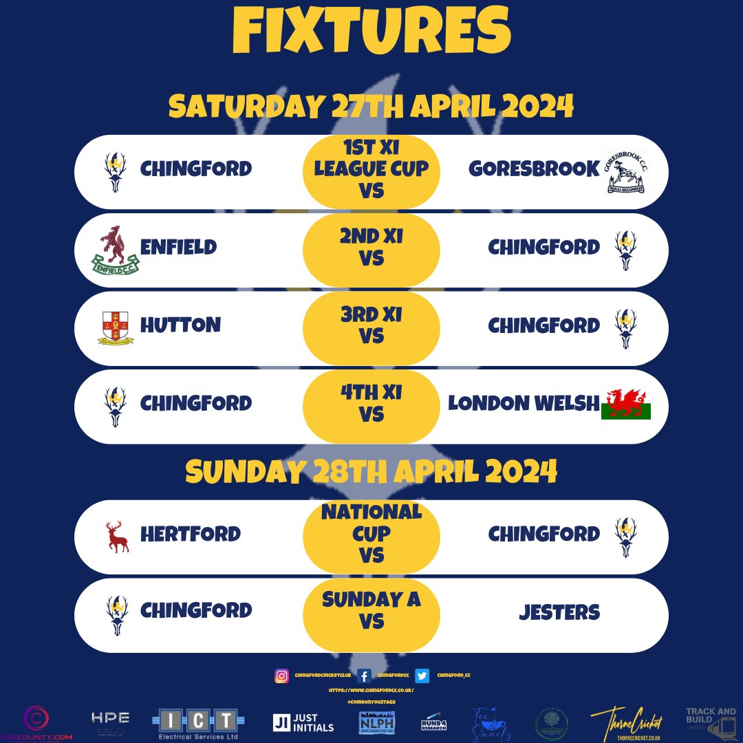 This weekend's fixtures that include our 1st XI participating in the Essex League Cup on Saturday at home to Goresbrook and ECB National Club Championship on Sunday away to Hertford 
ChingfordCricketClub 
#ComeOnYouStags