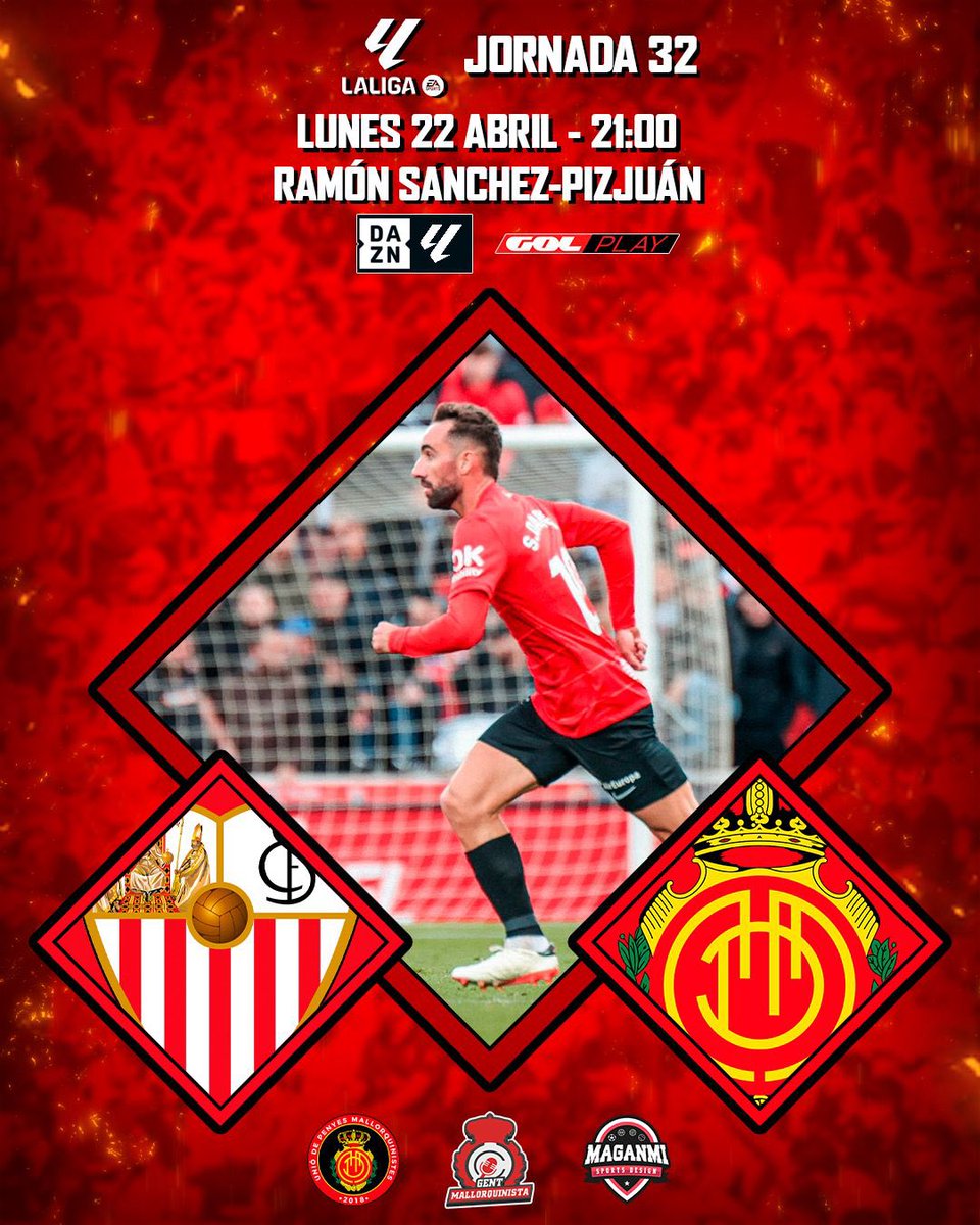 👹 Avui juga el @RCD_Mallorca ! Jornada 32 ⏰ 21:00h 🏟️ Ramón Sanchez-Pizjuán 🆚 @SevillaFC 🎨 @maganmiSports Endavant mallorquinistes 🔴⚫️ #SomUnió #JuntsSomMillors