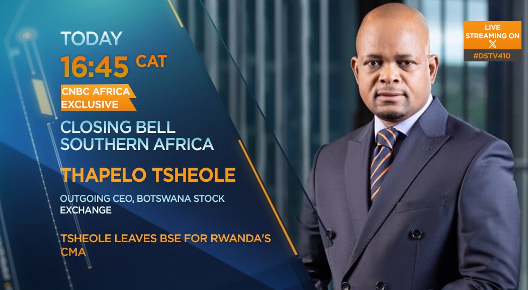 [WATCH] Today's #CNBCAfricaExclusive #CBSA: Tsheole leaves BSE for @CMARwanda. Thapelo Tsheole, Outgoing CEO @TheOfficialBSE, joins us to discuss more at 16h45 CAT on #DSTV410 or watch the livestream on X.