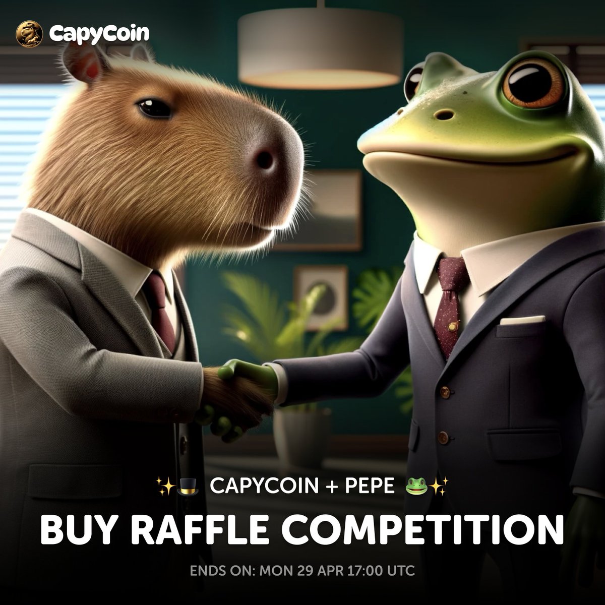 capycoinorg's tweet photo. 🎉 We are excited to announce our Buy Raffle with @pepecoineth! 🎉

1️⃣ Buy any amount of $PEPE on BNB Chain.
2️⃣ Buy a bag of $CAPYCOIN.
3️⃣ Hold until the contest ends!

🏆 Prizes
• Everyone gets a guaranteed $CAPYCOIN airdrop! 🪂
• Raffle winners will get a HUGE bonus! 🚀

#CapyCoin #PEPE #collaborationairdrop #memecoin #Bullrun2024 #airdrop #BNB #BSC #raffle