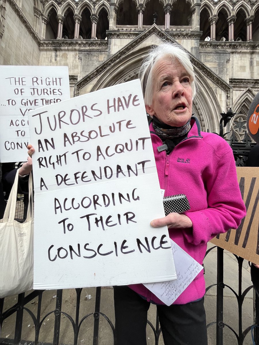 I’d do it again, a relieved Trudi Warner says outside the royal courts of justice today, after High Court refuses to allow the solicitor general to prosecute her for contempt of court for holding a sign declaring the law outside a court as potential jurors entered.