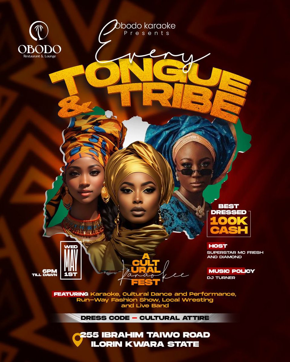 Tongue and Tribe is an event brought to you by OBODO Restaurant to celebrating the heritage and diversity of Nigerian Cultures. 

- Liveband
- Karaoke
- Wrestling   and Guess what? 

Best dressed goes home with 100k cash prize 🔥 (E fit be you oo)

May 1st 2024 at 6pm. 

it’s…