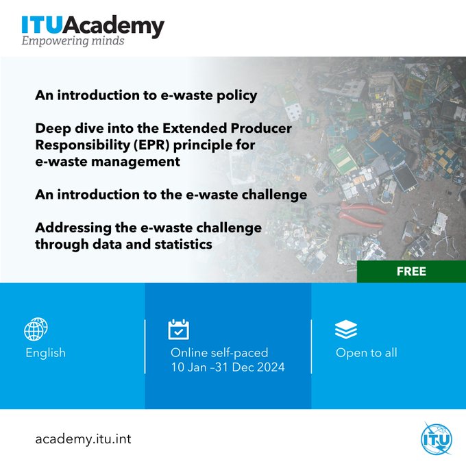 🌍Take #GreenDigitalAction this #EarthDay and sign up for free, self-paced #ITUacademy trainings to help address the challenge of #eWaste academy.itu.int/training-cours…… #ActNow to #beatWastePollution #ForPeopleForPlanet!