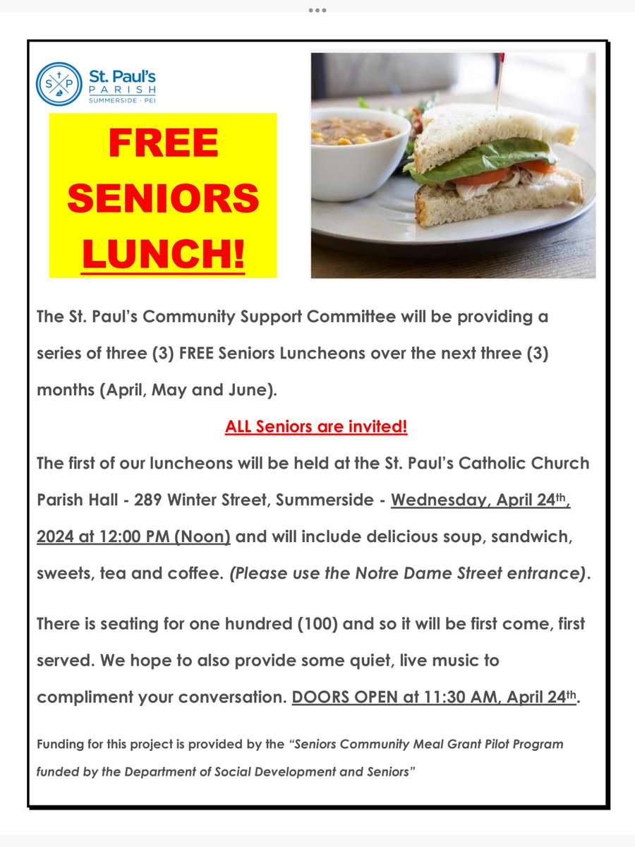 @mitchcormierCBC @LouiseMartinCBC @CBCPEI Anything you can do to promote this (yes I will be calling in to record n announcement today) FREE lunch for Seniors on your platforms would be great and appreciated! 😇