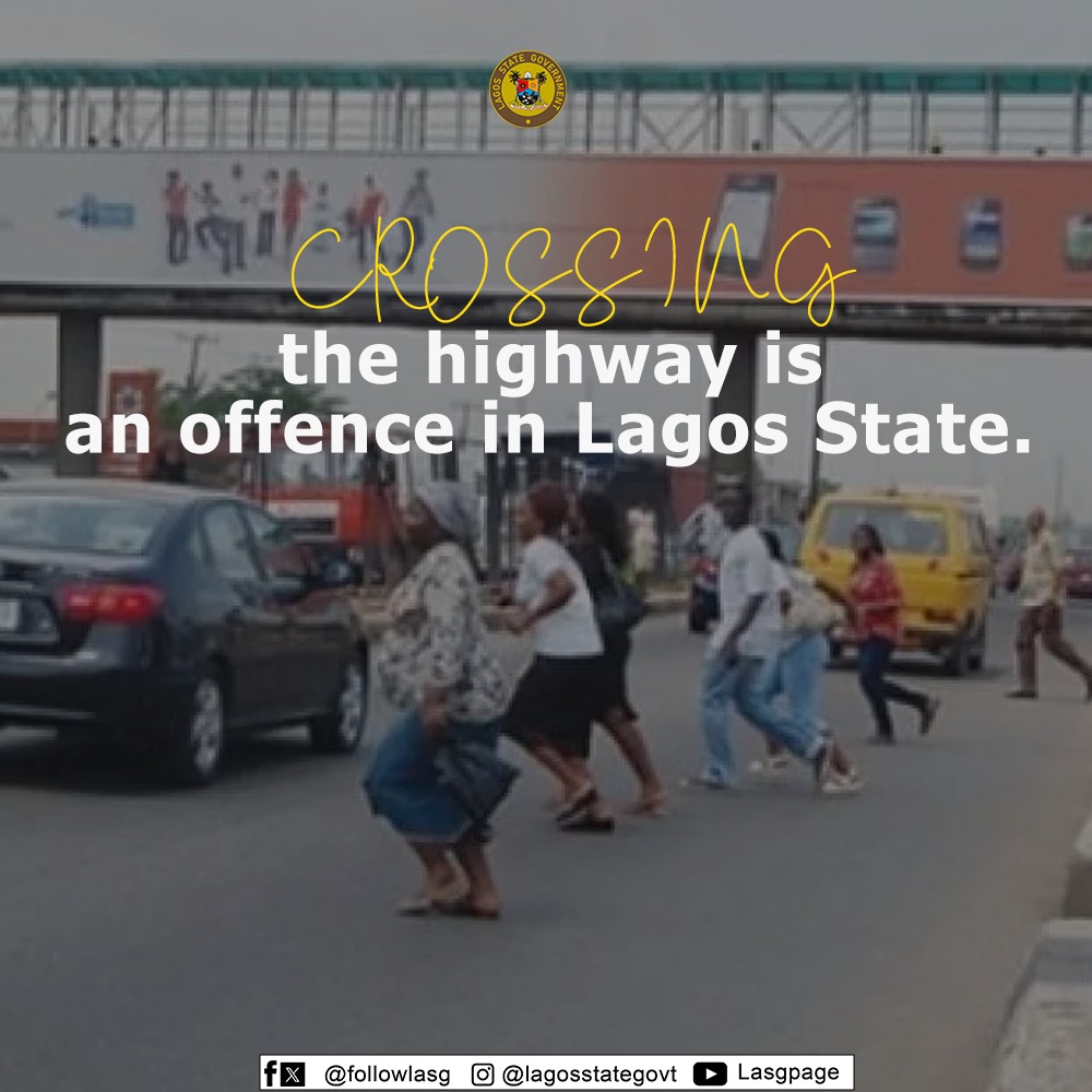 'Crossing the highway is an offence in Lagos State. Use the pedestrian bridge'

@jidesanwoolu @drobafemihamzat @gbenga_omo @gboyegaakosile @BSaluHundeyin @LagosHOS @LAGESCOfficial @Mr_JAGs 
#LASG #AGreaterLagosRising