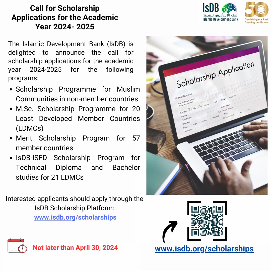 🔔 Call submission! Extended! to apply for the IsDB Scholarship Program 2024-2025. Don't miss out on this opportunity to transform your future.

✨ Your journey towards excellence awaits. Submit your application now! isdb.org/scholarships

#IsDBScholarship #EducationCounts…