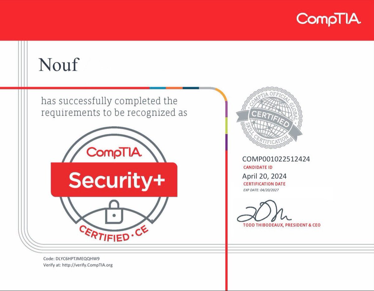 الحمدلله

I'm excited to share that I have earned the Security+ certification from CompTIA!