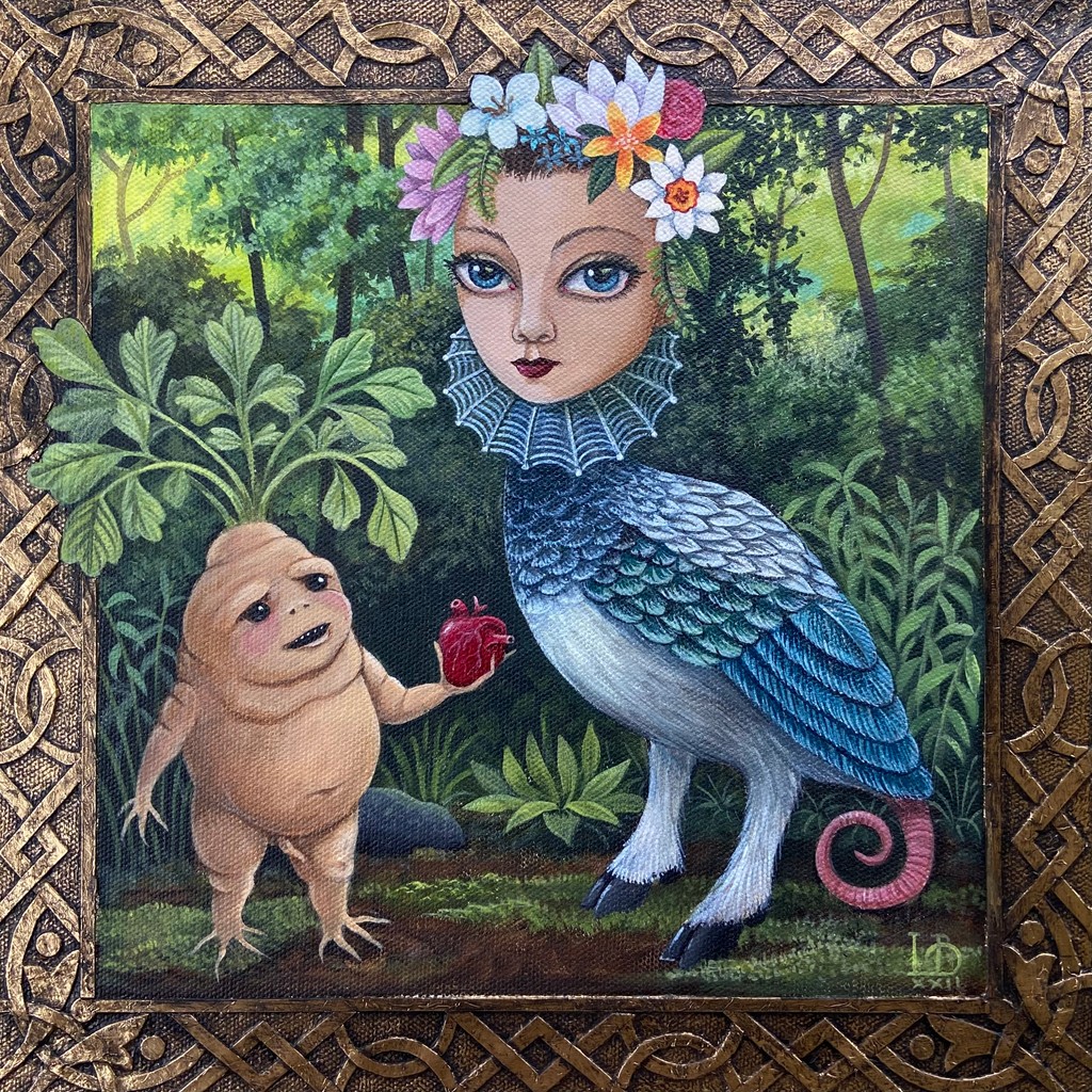 Happy Earth Day! 🪲🌳🍃🫀 ⁠ Laine Bachman's work has nature conservation undertones. She wants her viewers to be more contemplative about the environment after seeing her paintings. ⁠ ⁠ Harpy & Mandrake⁠ mixed media on canvas ⁠ 12 x 12 inches⁠ #art