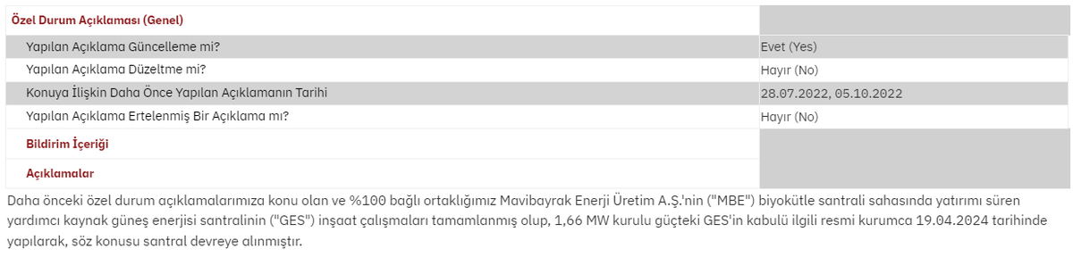 #CONSE Mavibayrak Enerji'nin biyokütle tesisinde kurulan yardımcı kaynak güneş enerjisi santralinin kabulü hk. KAP BİLDİRİMİ #BORSA #PARA #BIST #TEMETTÜ #YATIRIM #HALKAARZ