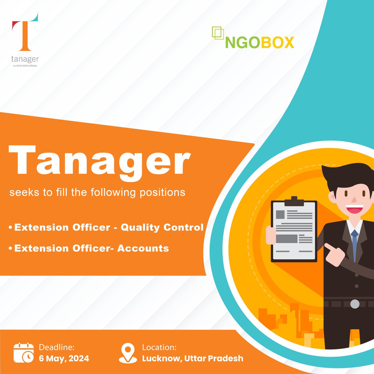 #JobOpening Alert! Tanager is hiring for the following positions in Lucknow, Uttar Pradesh: Extension Officer - Quality Control Apply at: [ngobox.org/job-detail_Ext…] Extension Officer - Accounts Apply at: [ngobox.org/job-detail_Ext…] Deadline: 6 May 2024 #Tanager #JobOpportunity