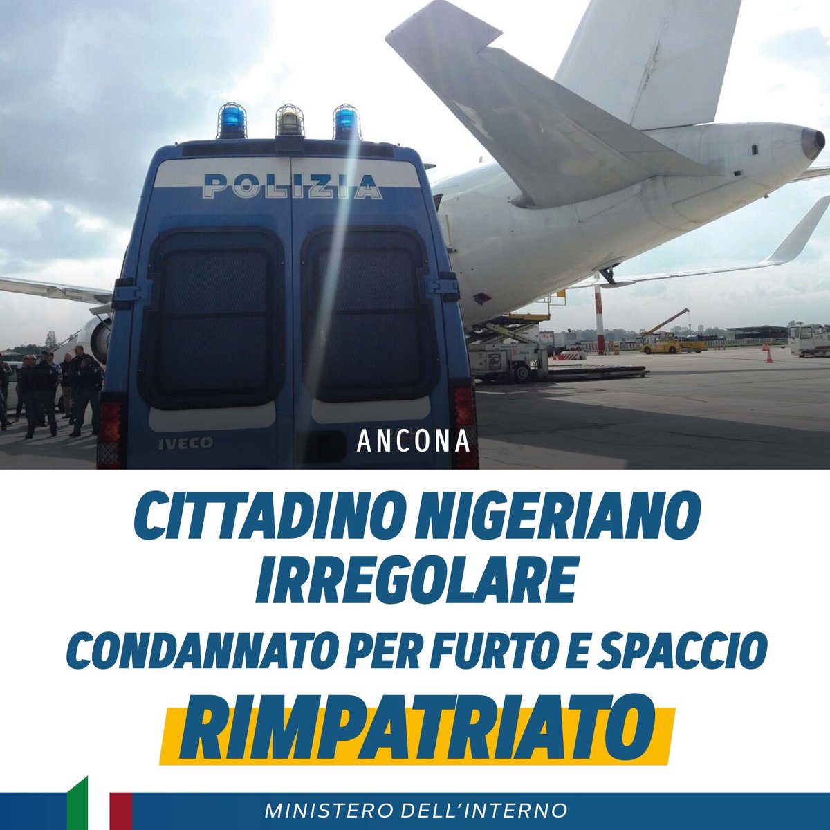 Un 28enne nigeriano, irregolare sul territorio italiano, condannato per furto e spaccio, è stato espulso e rimpatriato nel suo Paese di origine.