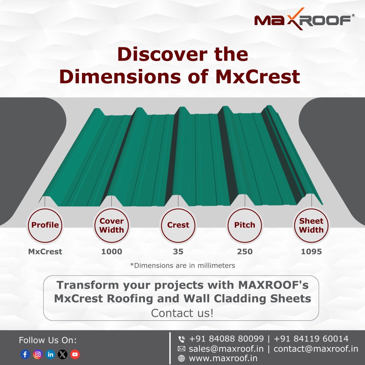 maxroofindia's tweet photo. Unleash the Dimensions of #MxCrest from MAXROOF! Elevate your projects with precision-engineered roofing and wall cladding sheets. Contact us today to transform your vision into reality.

#mxcrest #roofing #claddingsheets #construction #buildingmaterials #architecture #maxroof https://t.co/dN8qQKpVIm