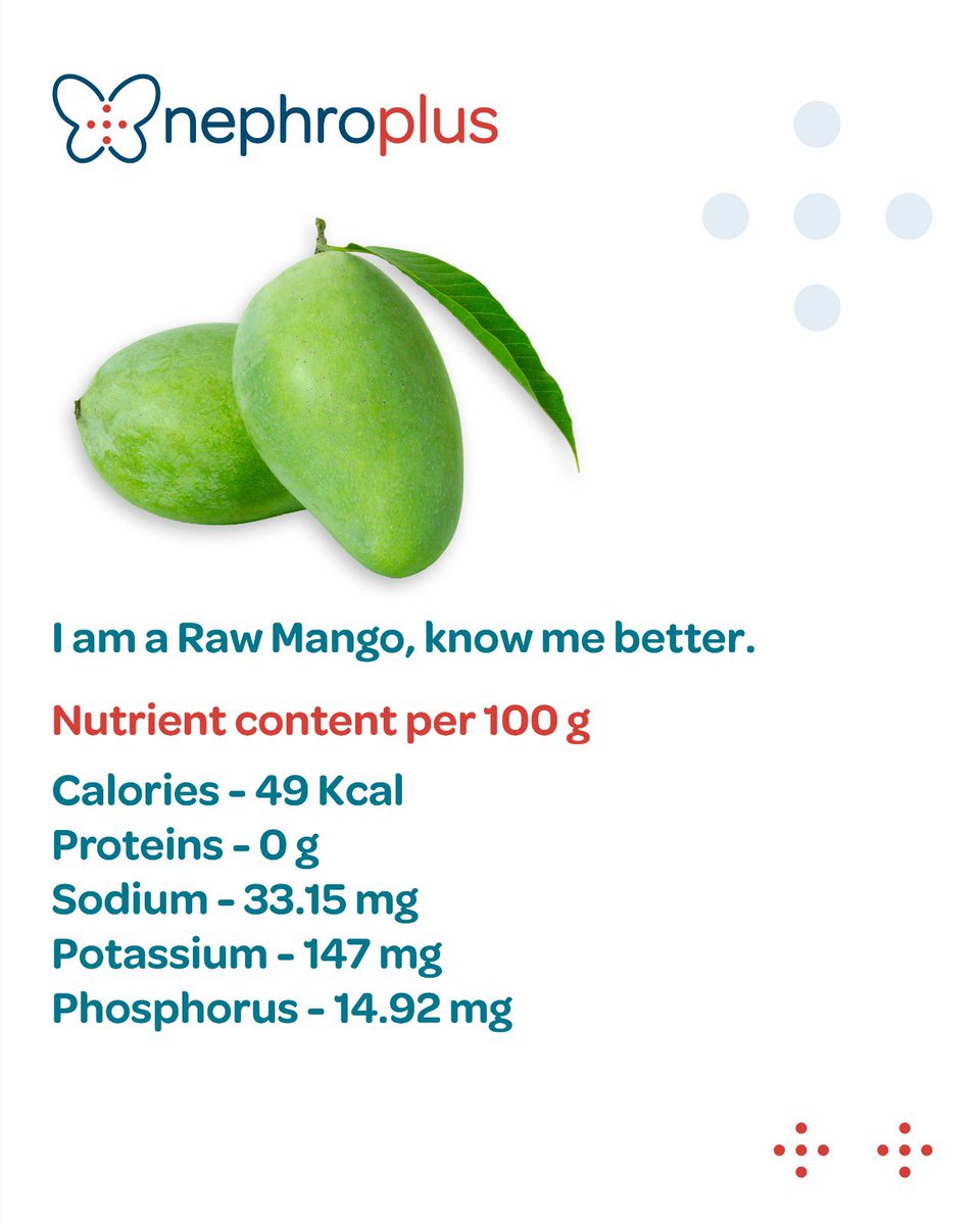 Indulge in the vibrant flavours of summer with mangoes! Raw mango can be used as an alternative to salt to satisfy your tastebuds this summer season. Limit intake to 75 g only. Treat yourself to a refreshing and dialysis-friendly snack option. #NephroPlus #diet #dialysis