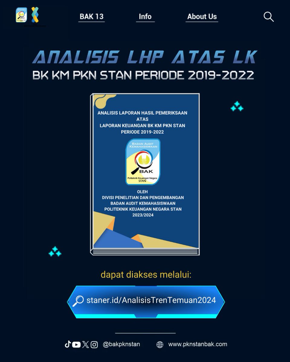 bakpknstan's tweet photo. 📔[ANALISIS LHP ATAS LK BK KM PKN STAN PERIODE 2019-2022] 📔

Halo sobat audit 👋
Analisis Laporan Hasil Pemeriksaan atas Laporan Keuangan BK KM telah hadir 🤗
Yuk simak analisisnya ya. Analisis lengkap kunjungi link berikut
🔗https://t.co/z0xzIMuAkf
🔗https://t.co/z0xzIMuAkf https://t.co/i63BW9owvr
