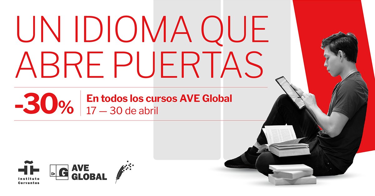 📖¡Se acerca el #DíadelLibro! 
Lo celebramos con un descuento del 30 % en todos los #cursos de español en línea #AVEGlobal: hasta el 30 de abril, de 75 € a 52,50 €. 
¡Elige tu nivel y aprovecha esta oferta!👉icerv.es/Z4Q
#SemanaCervantina #InstitutoCervantesenlínea