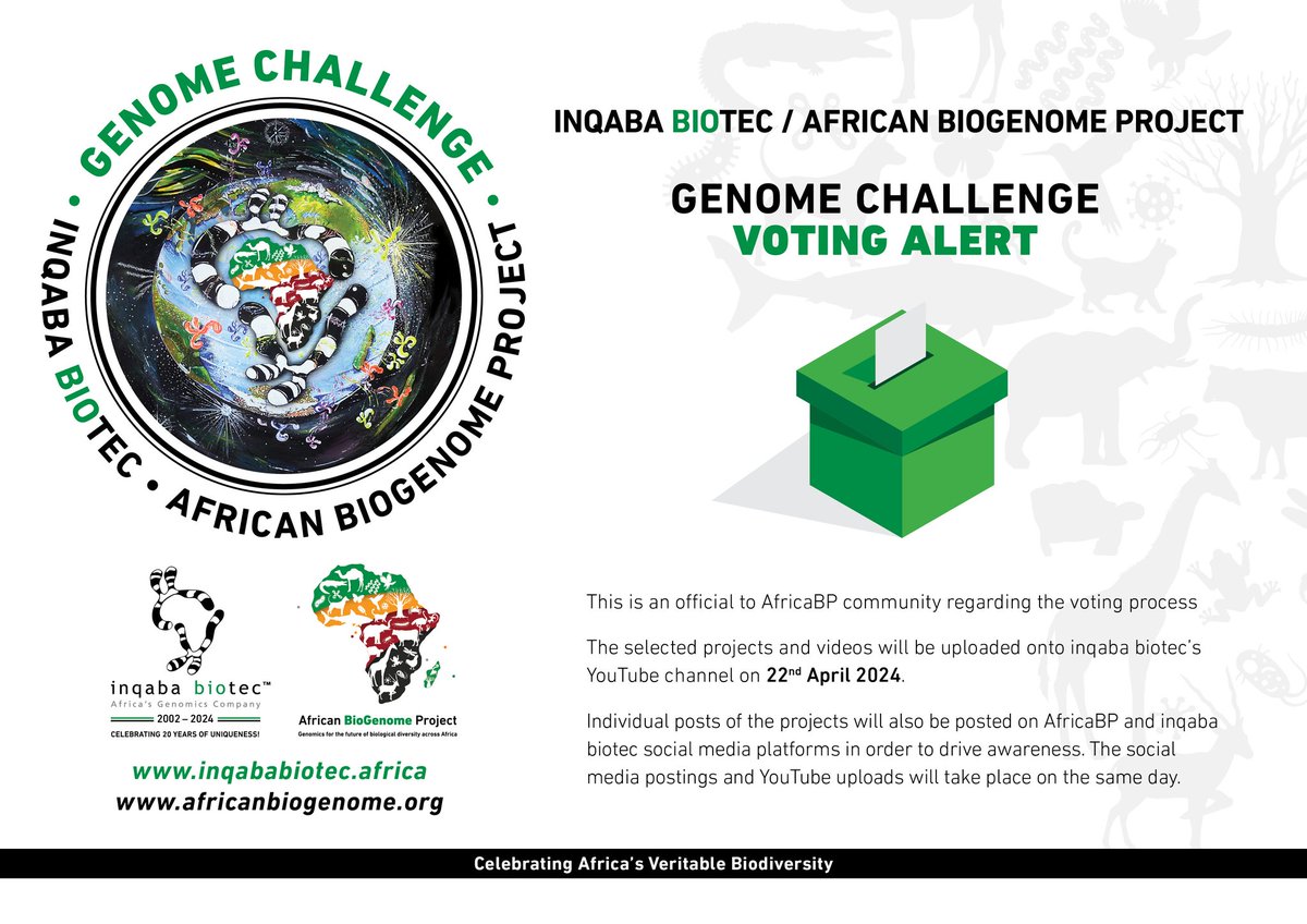 The African BioGenome Project @DAISEA_AfricaBP is partnering with @inqababiotec to sequence one indigenous African species through a voting process. Please watch this YouTube to vote your favorite species: youtube.com/watch?v=_pITtV…