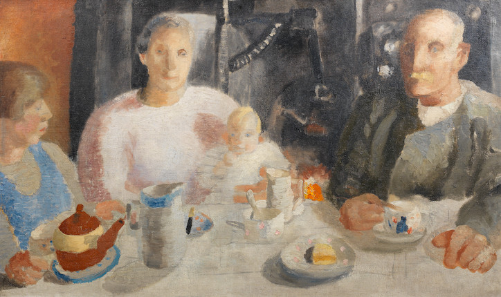The Warwick Family by Winifred Nicholson c. 1925-6 (Private Collection). Tom and Margaret Warwick, who lived in the farm next door to Winifred Nicholson’s house Bankshead in Cumberland. Sitting with Mr and Mrs Warwick are their daughter Janet and their grandson Norman.