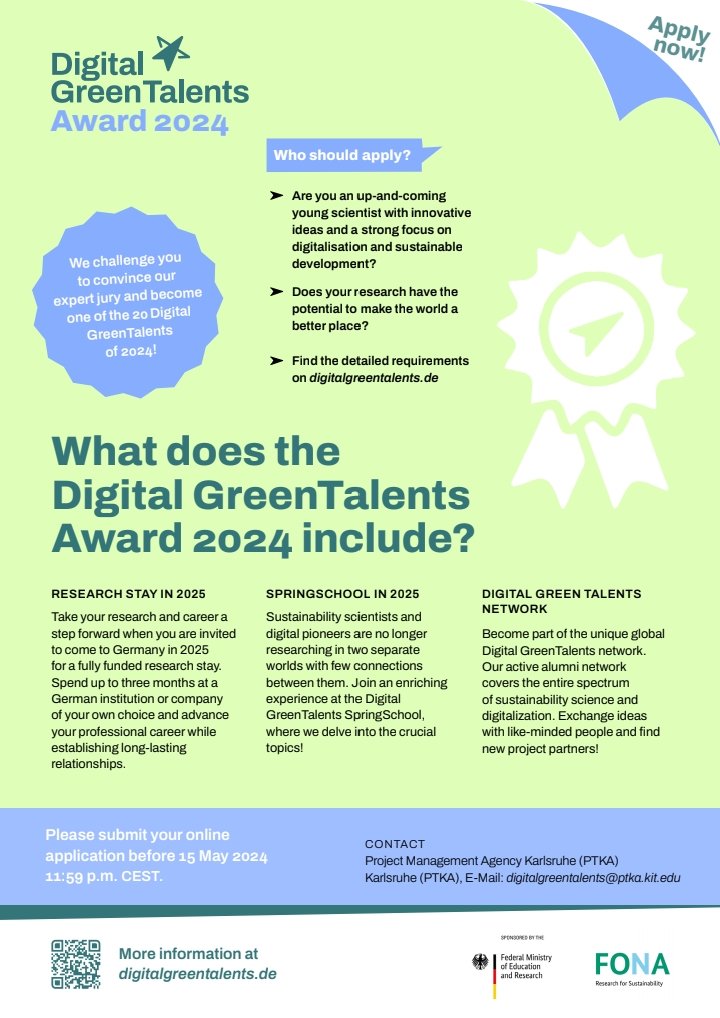 📣 Calling all young scientists 🔭 in the field of digitalisation🖥️ & sustainability to apply for 1️⃣ of 2️⃣0️⃣ spots in the 'DIGITAL GREEN TALENTS- HIGH POTENTIALS IN SUSTAINABLE DEVELOPMENT' competition by MAY 1️⃣5️⃣, 2️⃣0️⃣2️⃣4️⃣! For more information, visit: digitalgreentalents.de