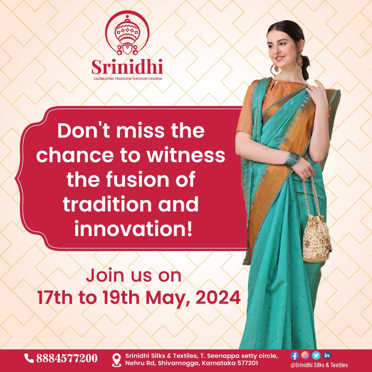 Srinidhi Silks & Textiles invites you to immerse yourself in a celebration of heritage and craftsmanship like never before!   From the 17th to the 19th of May, 2024
#Srinidhitextile #Srinidhitextileworld #srinidhitextilesshimoga #traditionalcollections #FamilyShopping #SilkSarees