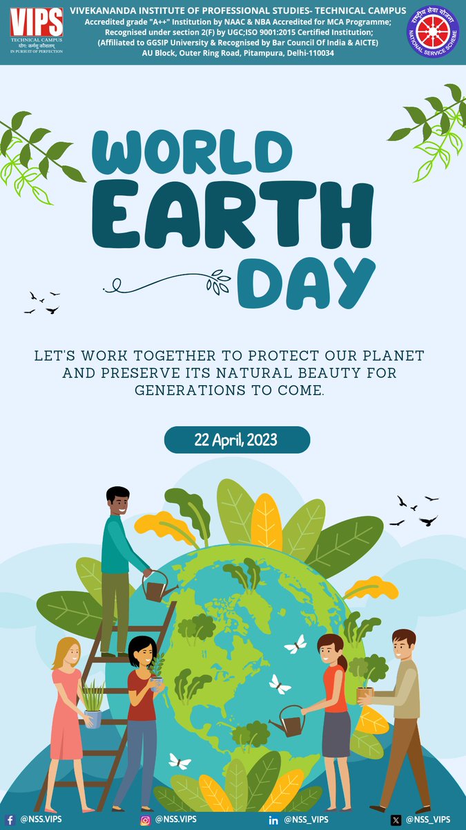 On #WorldEarthDay, NSS Vips pledges to protect our planet! Let's all do our part to ensure a sustainable future.

#SaveOurEarth #NSS #Vipsdelhi
#ActNow #NSSVips #TogetherWeCan