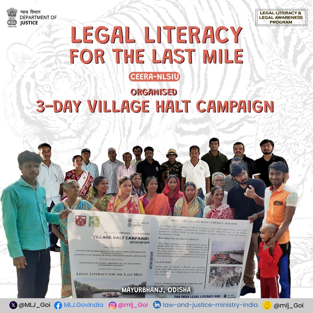 CEERA-NLSIU, in association with DoJ, Ministry of Law and Justice, organised a 3-day village halt near Similipal Tiger Reserve in Mayurbhanj district, Odisha, under the DISHA scheme to promote legal literacy and awareness. Educating villagers about governmental schemes,