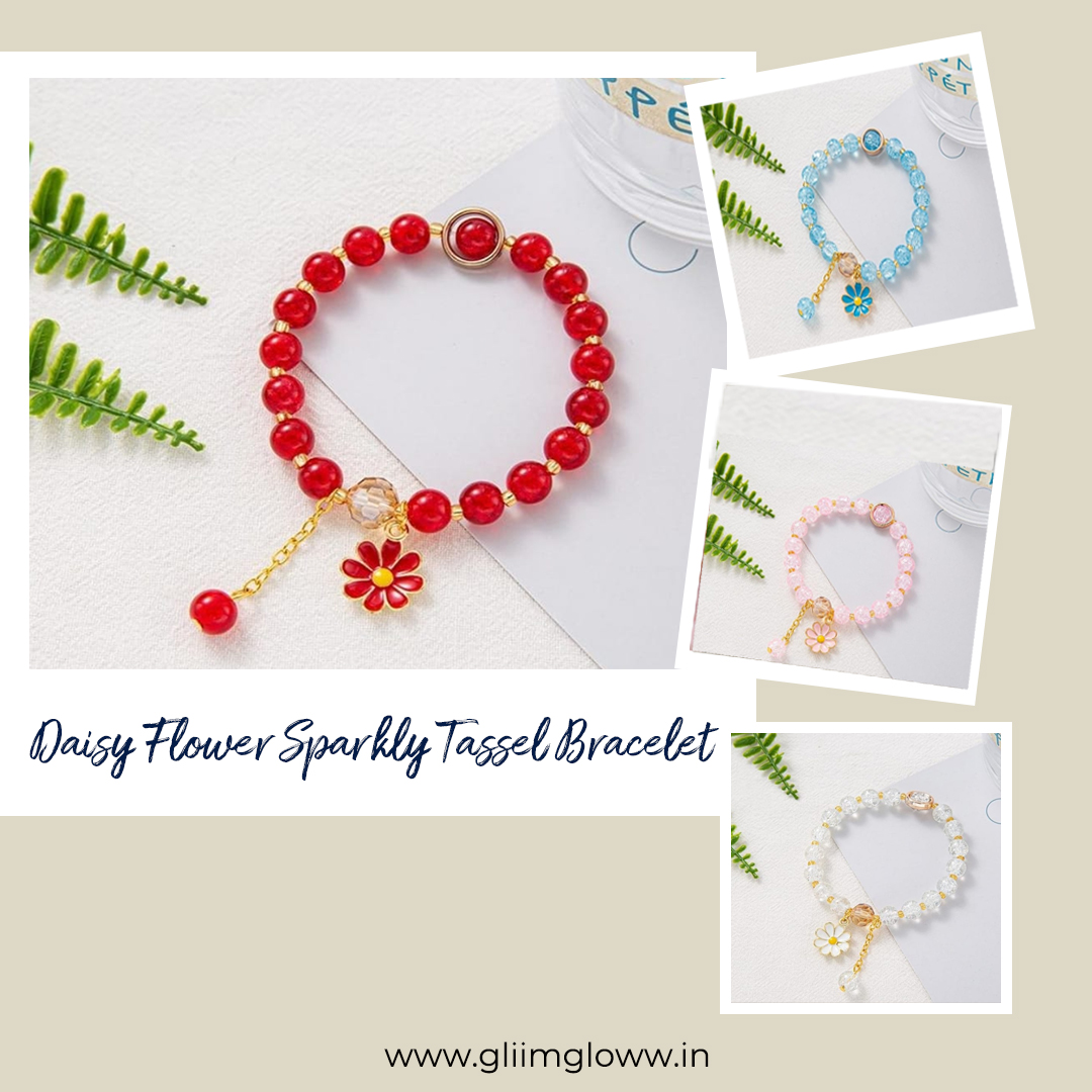 Elevate your style with our Daisy Flower Sparkly Crystal Beads Tassel Bracelet! Perfect blend of elegance and charm for any occasion. gliimgloww.in #braclet #jewelry #accessories #fashion #braclets #earrings #tasselbraclet