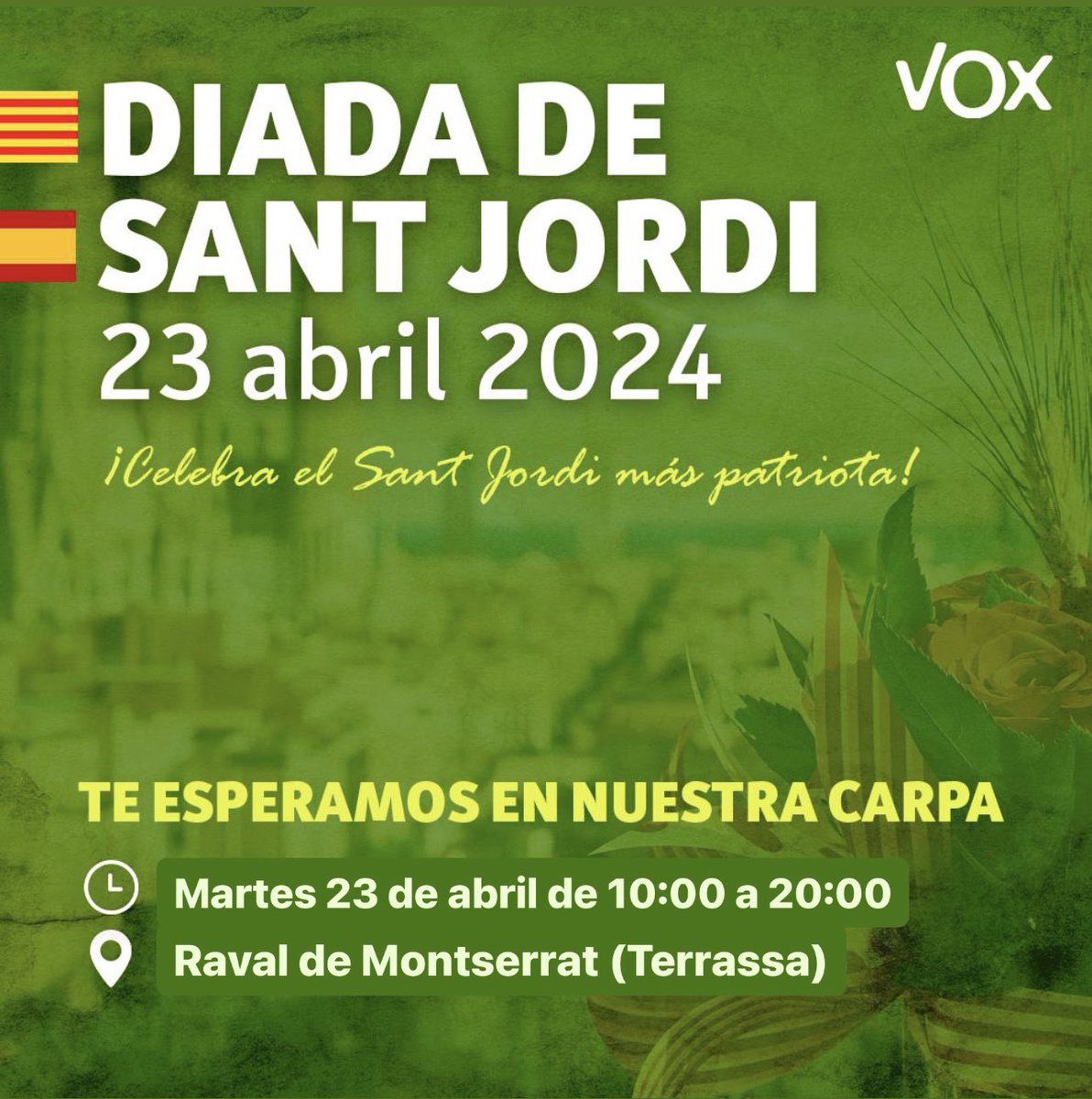VoxTerrassa's tweet photo. Nos vemos mañana, durante todo el día, en Raval de Montserrat. #Terrassa
#CuidaTerrassa #LaTerrassaDeAlicia #EnDefensaPropia #SóloQuedaVOX https://t.co/yqzuWvjsTc