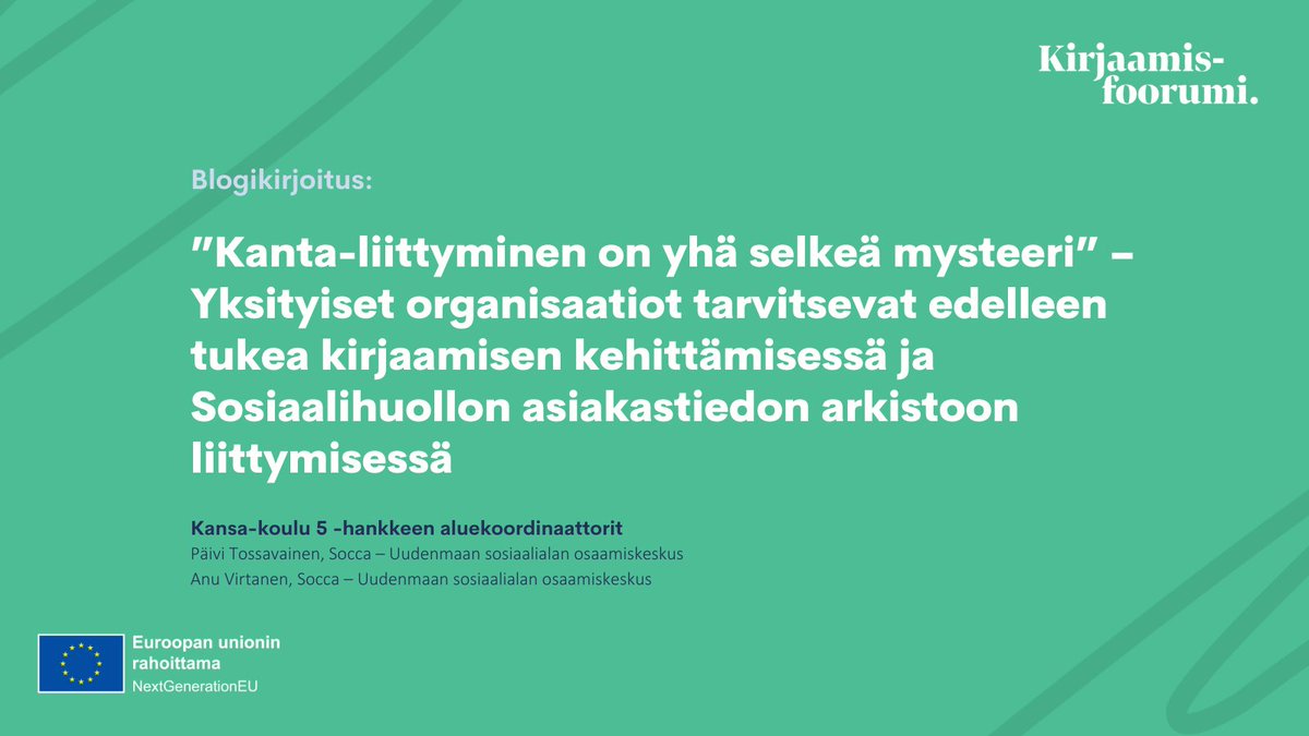Toteutimme yksityisten organisaatioiden verkoston, jonka tavoitteena oli koota sosiaalihuollon yksityisten palveluntuottajien kirjaamisosaamisen kehittämisen tarpeita ja tilannekuvaa.

Nyt voit lukea verkoston toiminnasta ja tuotoksista tarkemmin blogista:
vasso.fi/kanta-liittymi…
