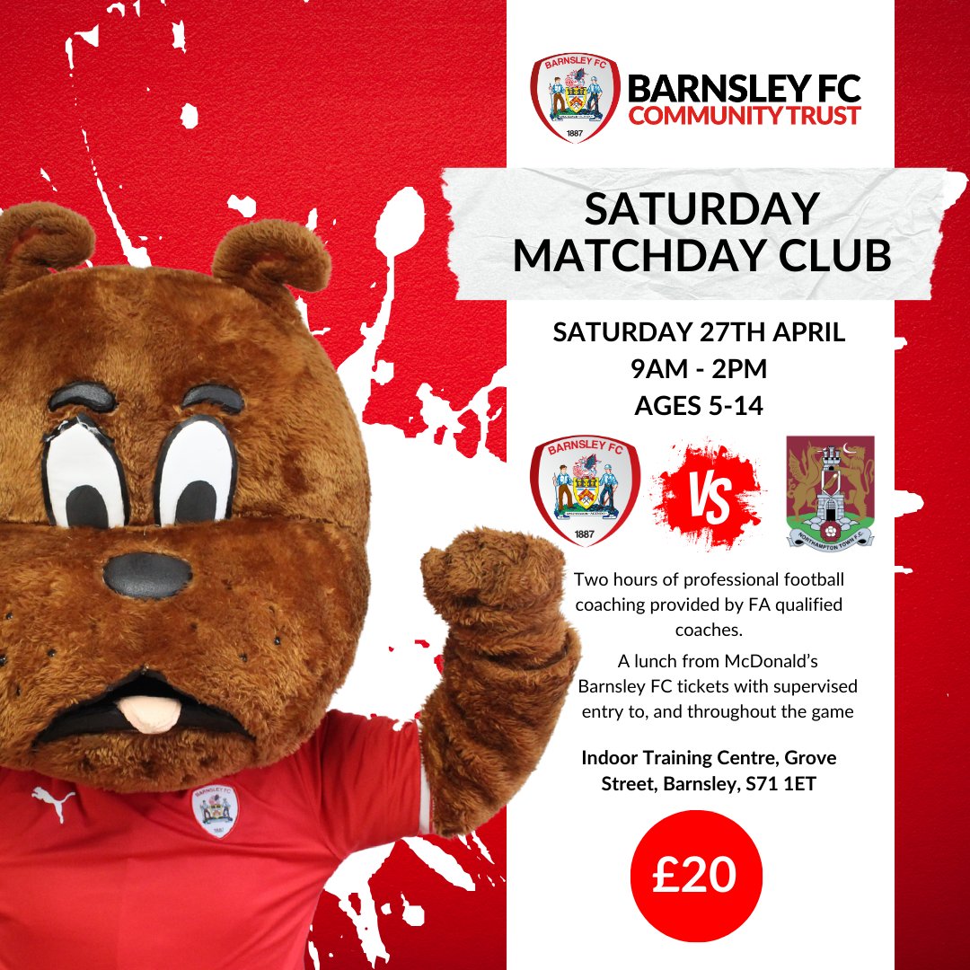 SATURDAY MATCH DAY CLUB ⚽🔴 Due to the 12:30pm kick off for @barnsleyfc's last game of the season our #MatchdayClub will run 9am to 2pm! You can book your child(ren) in here ➡️ loom.ly/k4R7hzE