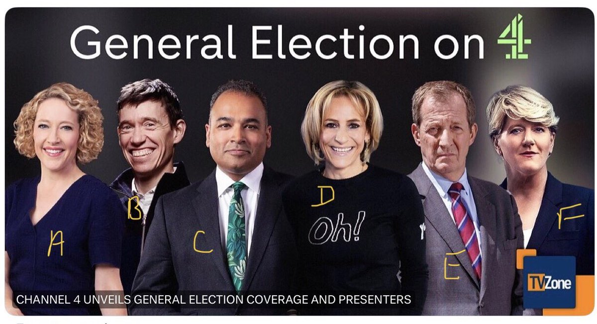 The Channel 4 General Election team as I see it: A-No idea who she is but looks like a jeggings wearer B-Rod Stewart, Marxist pop singer C-Krishnan Guru-Murthy, Bloody useless at Tango D- Emily Maitlis, Moth. E-Alastair Campbell, blatantly too moist F-Claire Building, Cavapoo. 😡