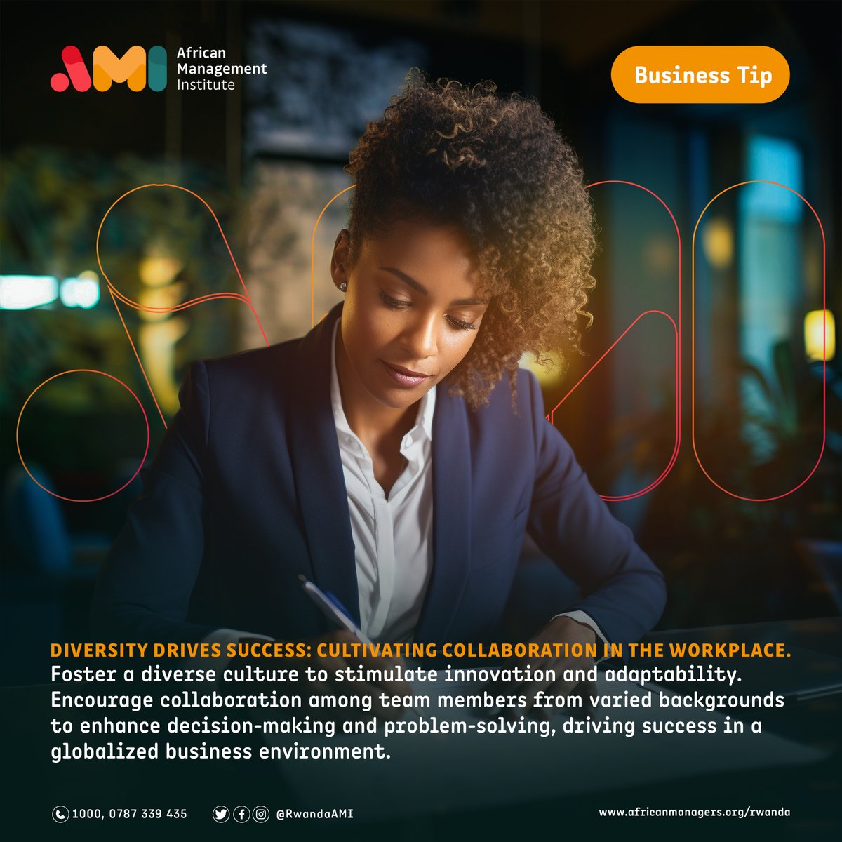 Diversity fuels your journey to success! Embrace collaboration and watch innovation thrive. Let's cultivate a culture where varied perspectives drive decision-making and problem-solving, propelling us forward in today's global business arena. #LearnWithAMI #AMI #Rwanda