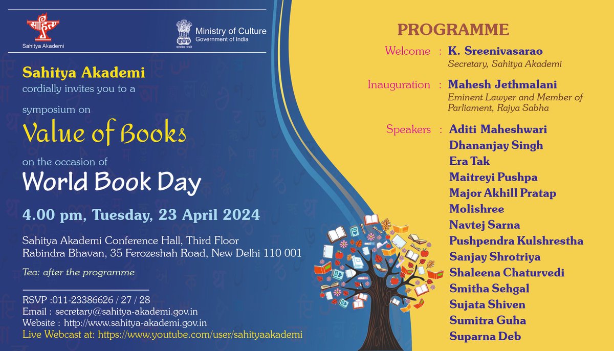 #SahityaAkademi organises Symposium 'Value of Books' on the occasion of World Book Day on 23 April 2024 at 4 PM - Conference Hall, 3rd Floor, Rabindra Bhavan, New Delhi. @ksraosahitya @PIB_India @PIBCulture @MIB_India @DDNational @_IndianCulture