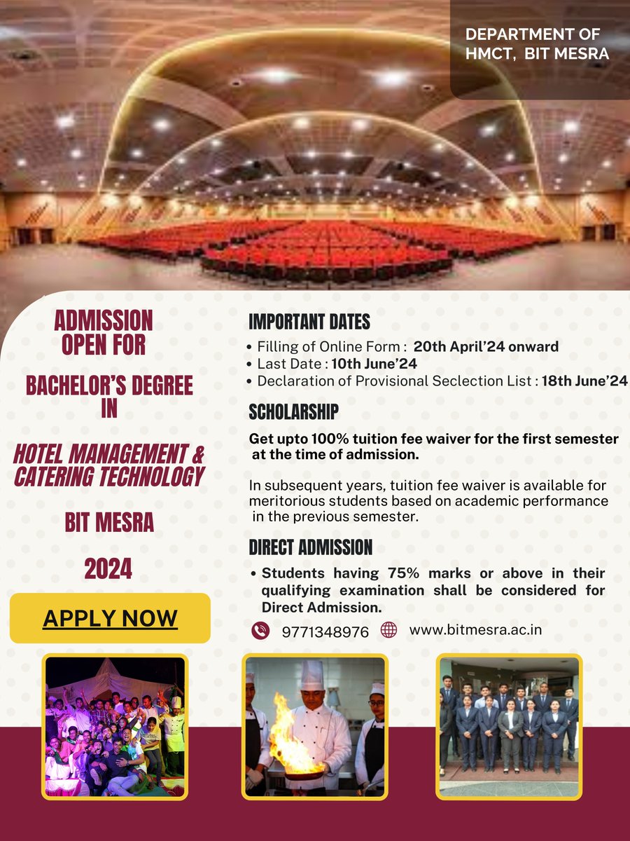 hmct_bitmesra's tweet photo. Are you passionate about the world of hospitality and culinary arts? Ready to turn your love for food and service into a rewarding career? Look no further! 🌟
🍽 Admission is now OPEN for our Hotel Management and Catering Technology program! 🍽
#HotelManagement #BITMesra https://t.co/hoE43bAZRc
