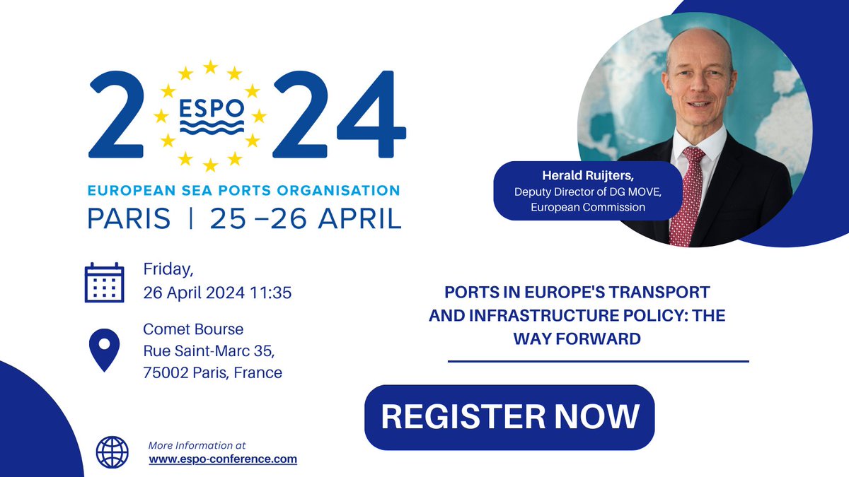 🌊Join DDG @HeraldRuijters at @ESPO 20th Annual Conference! Hear more about the role of ports in EU transport and infrastructure policy #TEN_T #CEFTransport

More: espo-conference.com/en #ESPOConference 🚢