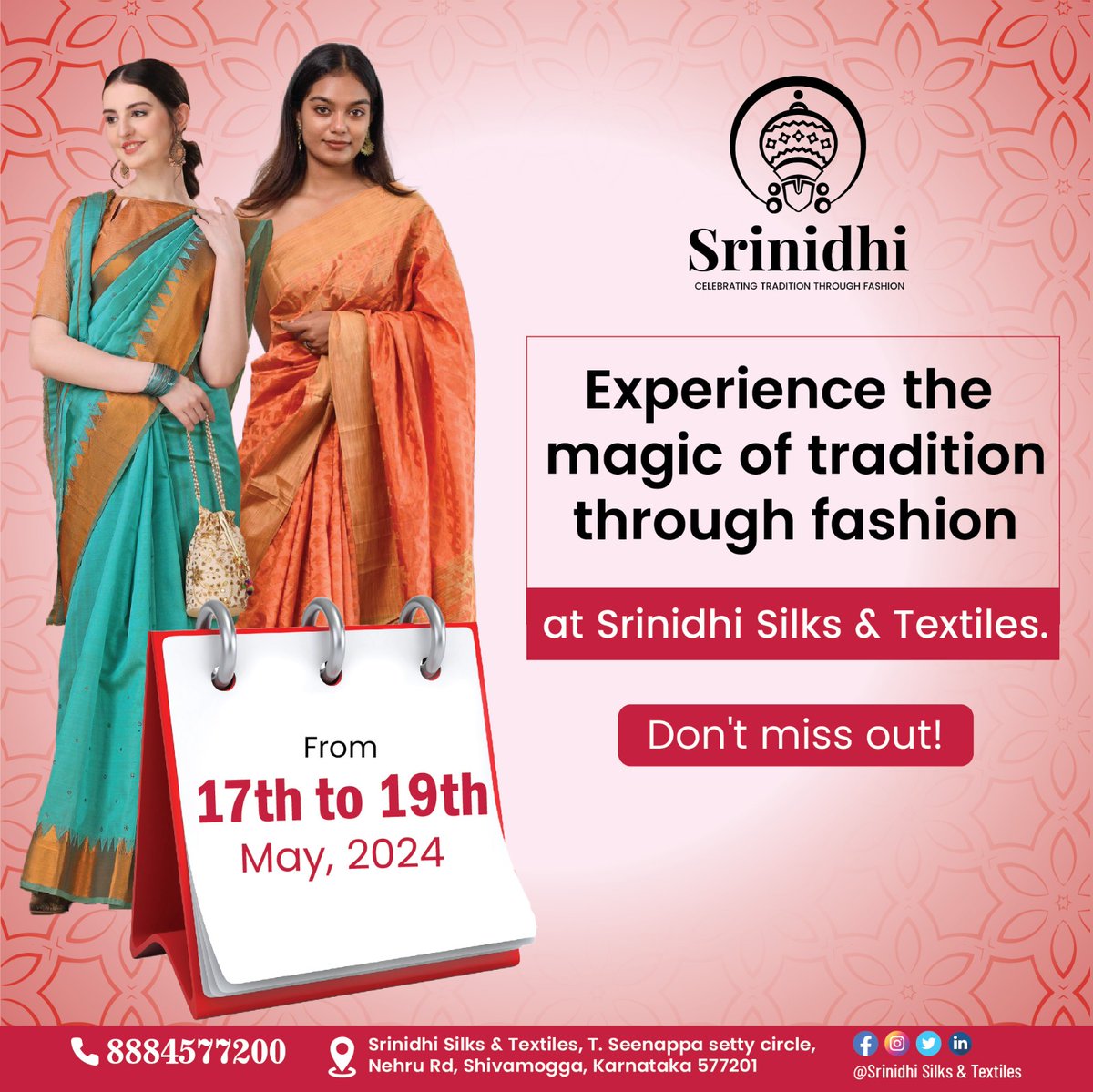 Indulge in an enchanting journey through the timeless allure of tradition woven seamlessly into contemporary fashion. Join us from the 17th to the 19th of May, 2024
#Srinidhitextile #Srinidhitextileworld #srinidhitextilesshimoga #traditionalcollections #FamilyShopping #SilkSarees