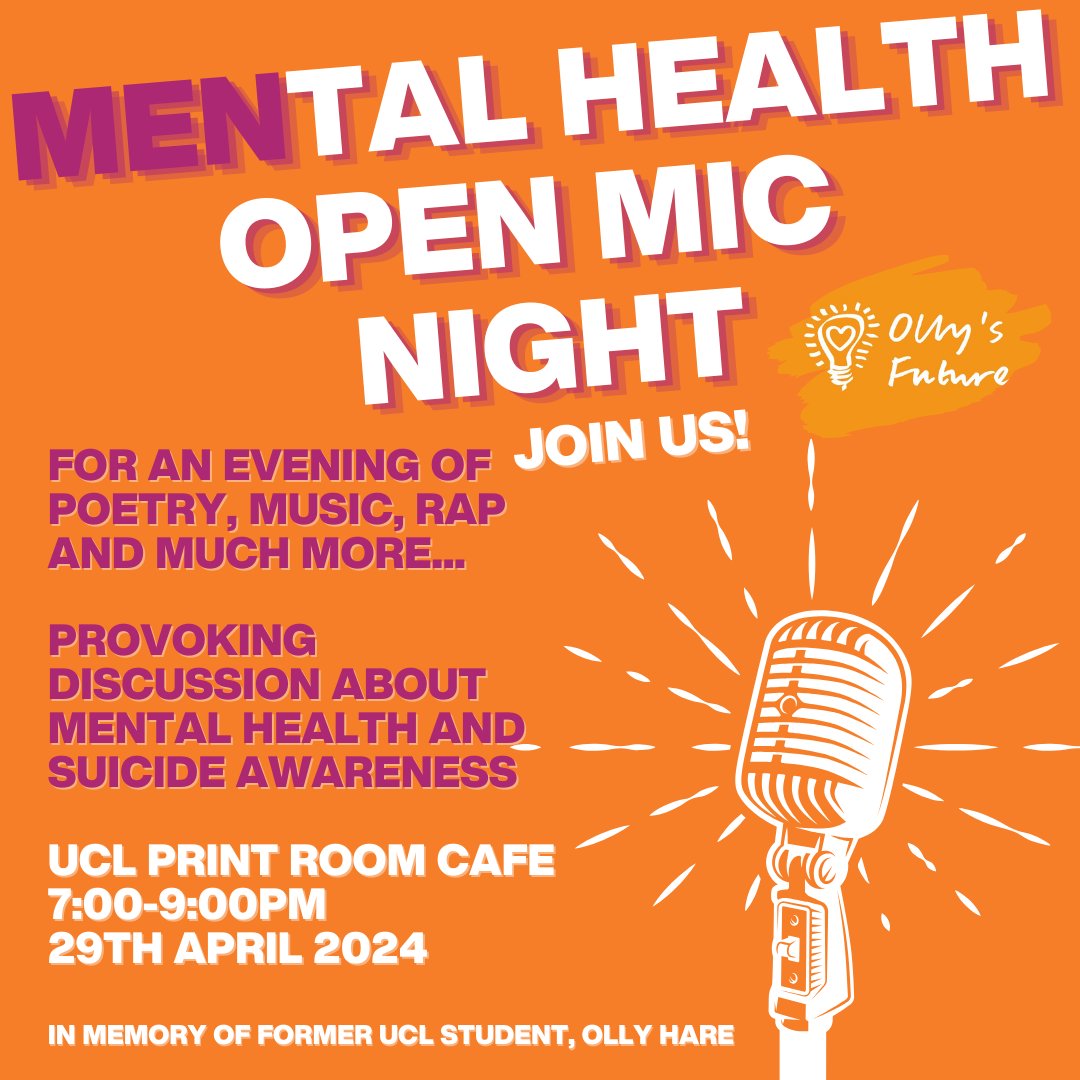 Calling all UCL students! 📣 Our MENtal Health Open Mic Night is back! 🗣️ Please come along! We can't wait to see you there! eventbrite.co.uk/e/mental-healt… #suicideprevention #suicideawareness #openmic #UCL @ucl