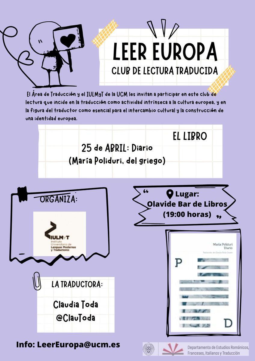 ClauToda's tweet photo. El club de lectura traducida de @TeI__UCM  ha tenido la amabilidad de invitarme para charlar 
de mi #traducción del  #Diario
de la autora griega ✨#MaríaPoliduri✨,
editado por #Perspicuo
🇬🇷 💙🇬🇷
https://t.co/AQ6g45uOzG https://t.co/w6CfQYn9x8