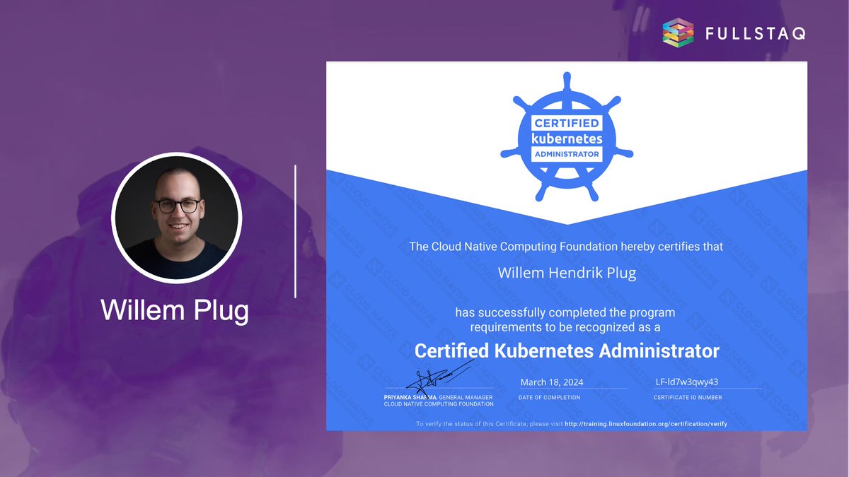 Willem just started with us in Februari and already has achieved his CKA. Congrats Willem! #certifiedengineer #cloudnativeengineer #CKA #Kubernetescertification