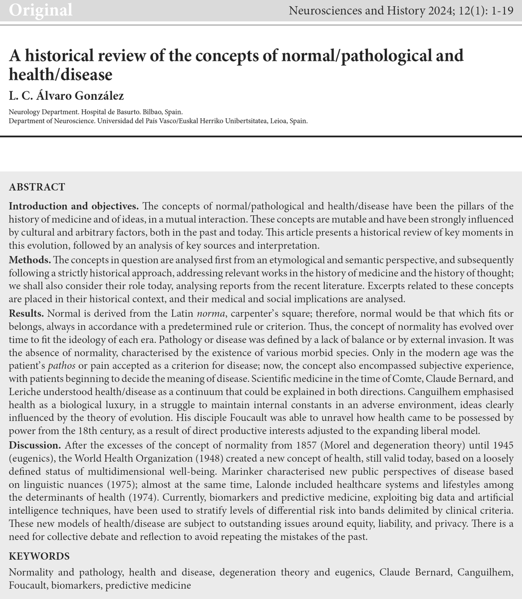 A historical review of the concepts of normal/pathological and health/disease

Neurosciences and History 2024;12(1):1-19 nah.sen.es/vmfiles/vol12/…

Scope and instructions for authors:
nah.sen.es/en/about/aims-…
nah.sen.es/en/authors/ins…