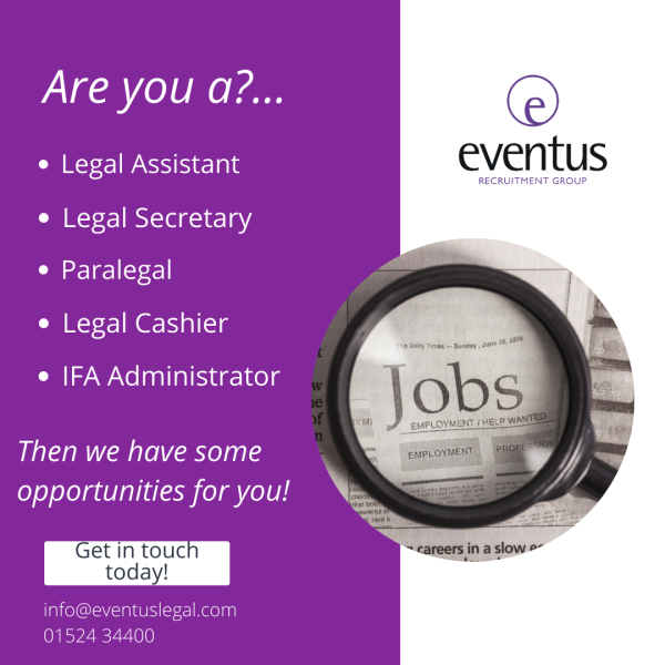 Our recruitment specialists have been noticing a lot of legal job opportunities in these areas.

Contact us today for help with your job search at info@eventuslegal.com, or call 01524 34400 for a confidential chat.

#legalcareers #financecareers #jobsearch