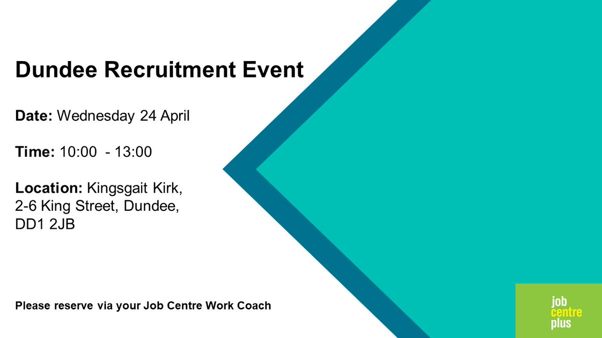 Looking for a new #Career in #Dundee? Join our Recruitment Event. 

Bring your CV, meet employers 👇

@SenseScotland  @TaysideContract  @StagecoachEScot  @2SFGofficial @NHSTayside  @RideEmber  @Enable_Tweets  @BarnardosScot
@G4SUKI  @Avon_UK and more! 

#DundeeJobs @DWSDundee