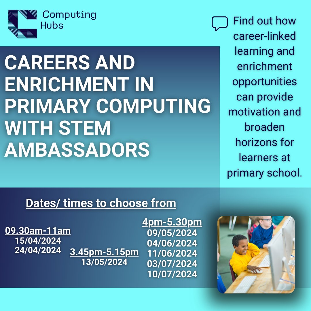 🌟Careers and enrichment in primary computing with STEM Ambassadors🌟 💻Remote courses ✔️Various dates/ times to choose from! 👇Click below to access all booking links - tinyurl.com/ComputingTVR @ComputingHubTVR @WeAreComputing @STEMLearningUK