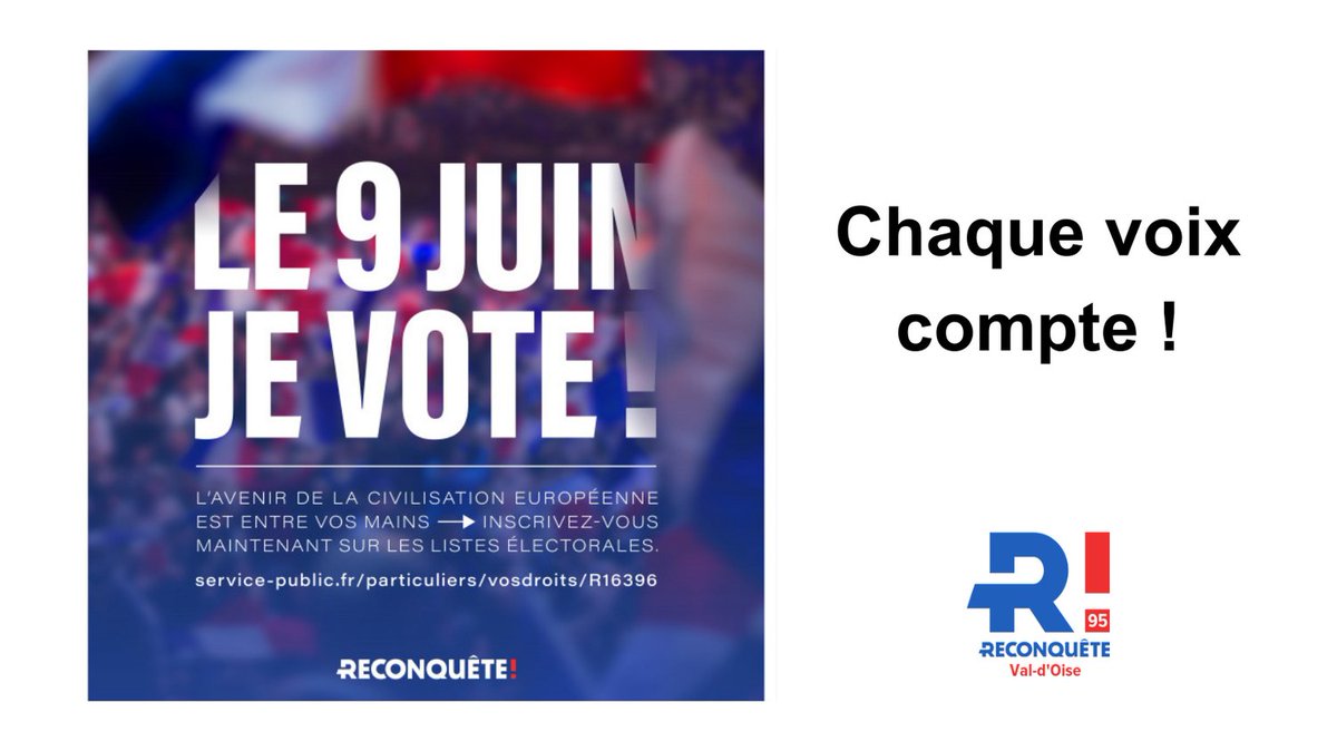 Chers amis, chaque voix compte ! Ne manquez pas l'opportunité de faire entendre votre voix lors des élections européennes, le #09juin2024. 

Votre vote est votre voix. Utilisez-la pour #Reconquête! et #MarionMaréchal